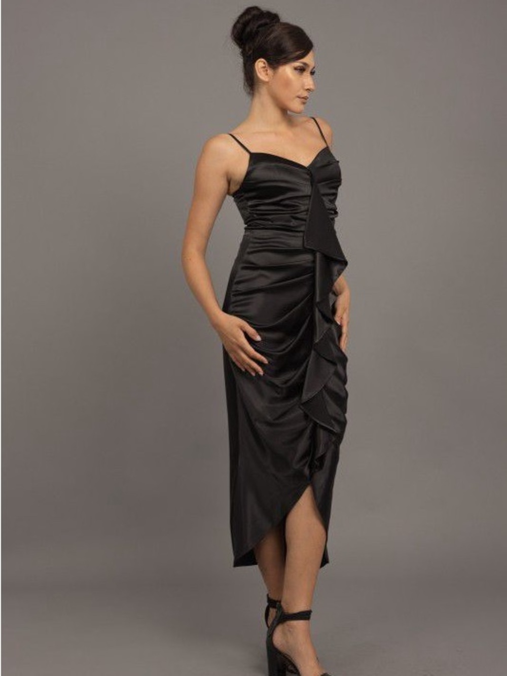 Satin Ruffle-Detail Midi Dress AVAILABLE IN THREE COLORS